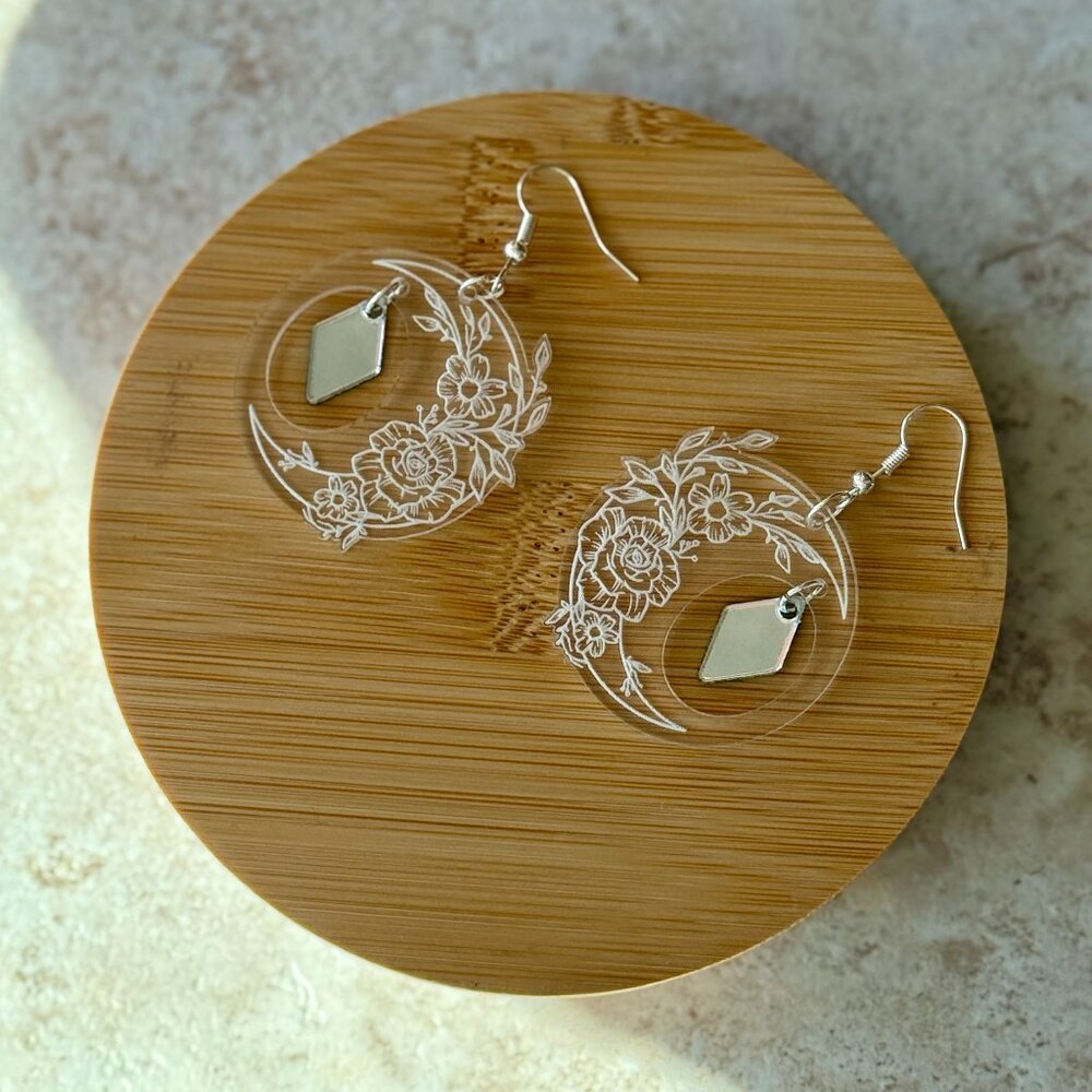 Clear Acrylic Moon Earrings | Floral Crescent Dangles | Lightweight